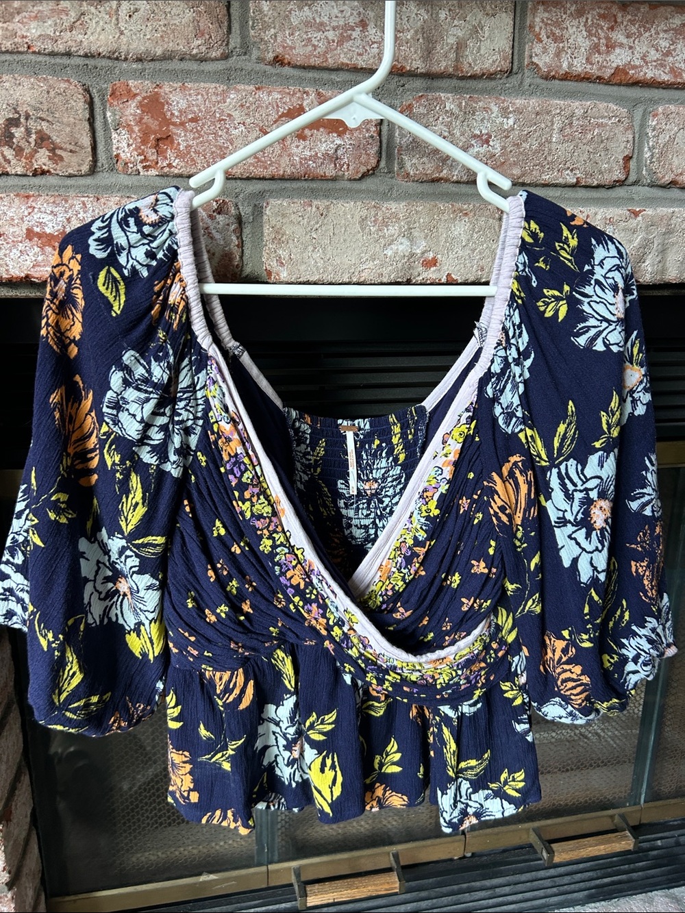 NWOT Free People Mirabella Blue Floral Wrap Top Puff Sleeve Blouse Women’sSize M